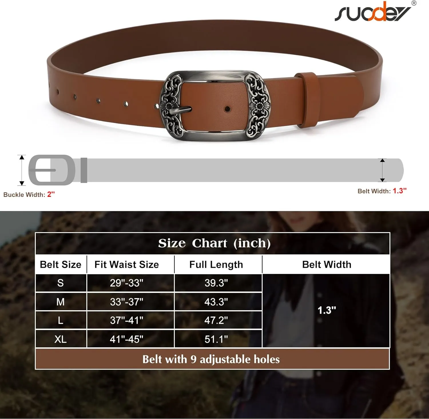 SUOSDEY Womens Leather Belts Western Vintage Women's Belt with Engraved Buckle Ladies Belt for Jeans Pants