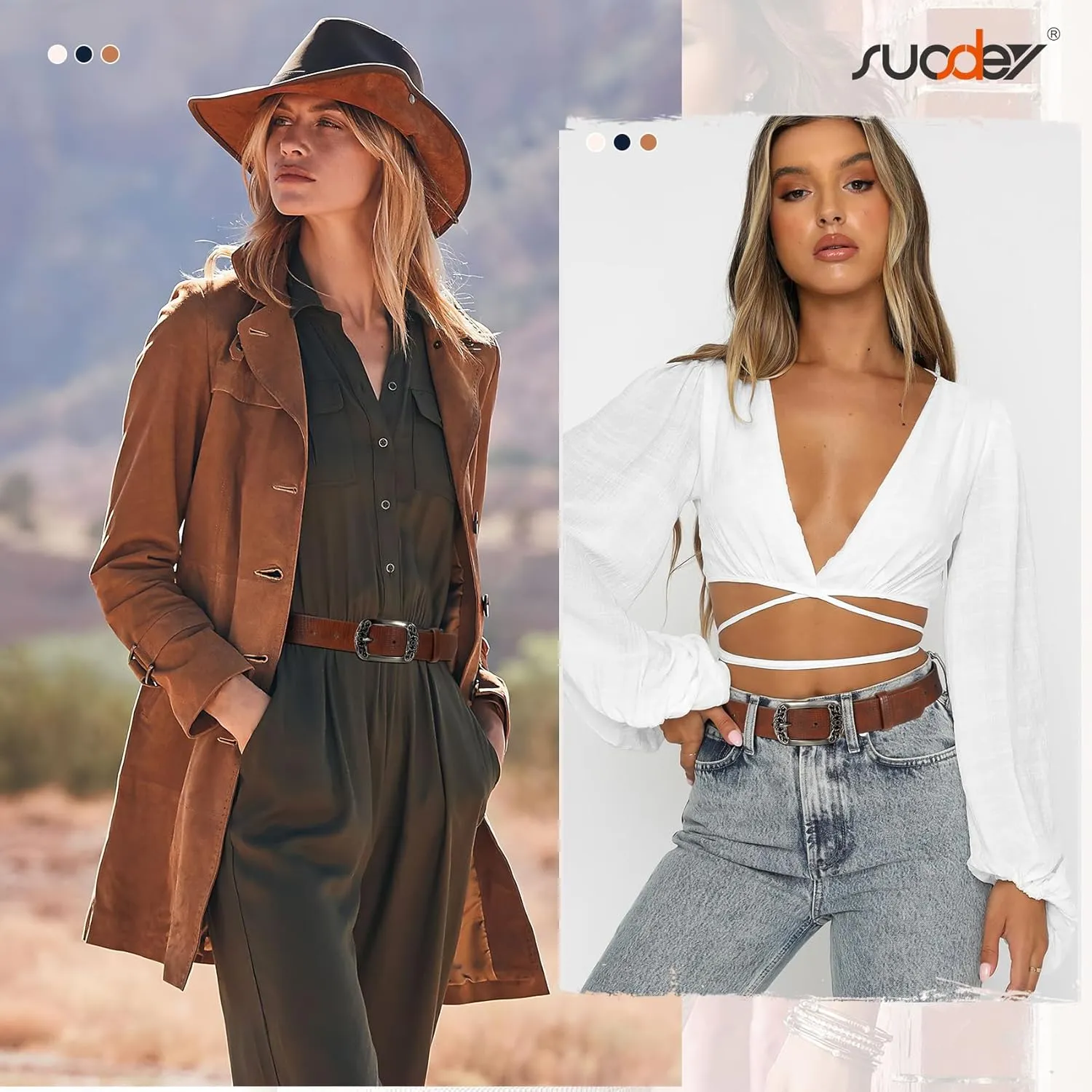 SUOSDEY Womens Leather Belts Western Vintage Women's Belt with Engraved Buckle Ladies Belt for Jeans Pants