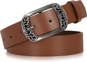 SUOSDEY Womens Leather Belts Western Vintage Women's Belt with Engraved Buckle Ladies Belt for Jeans Pants