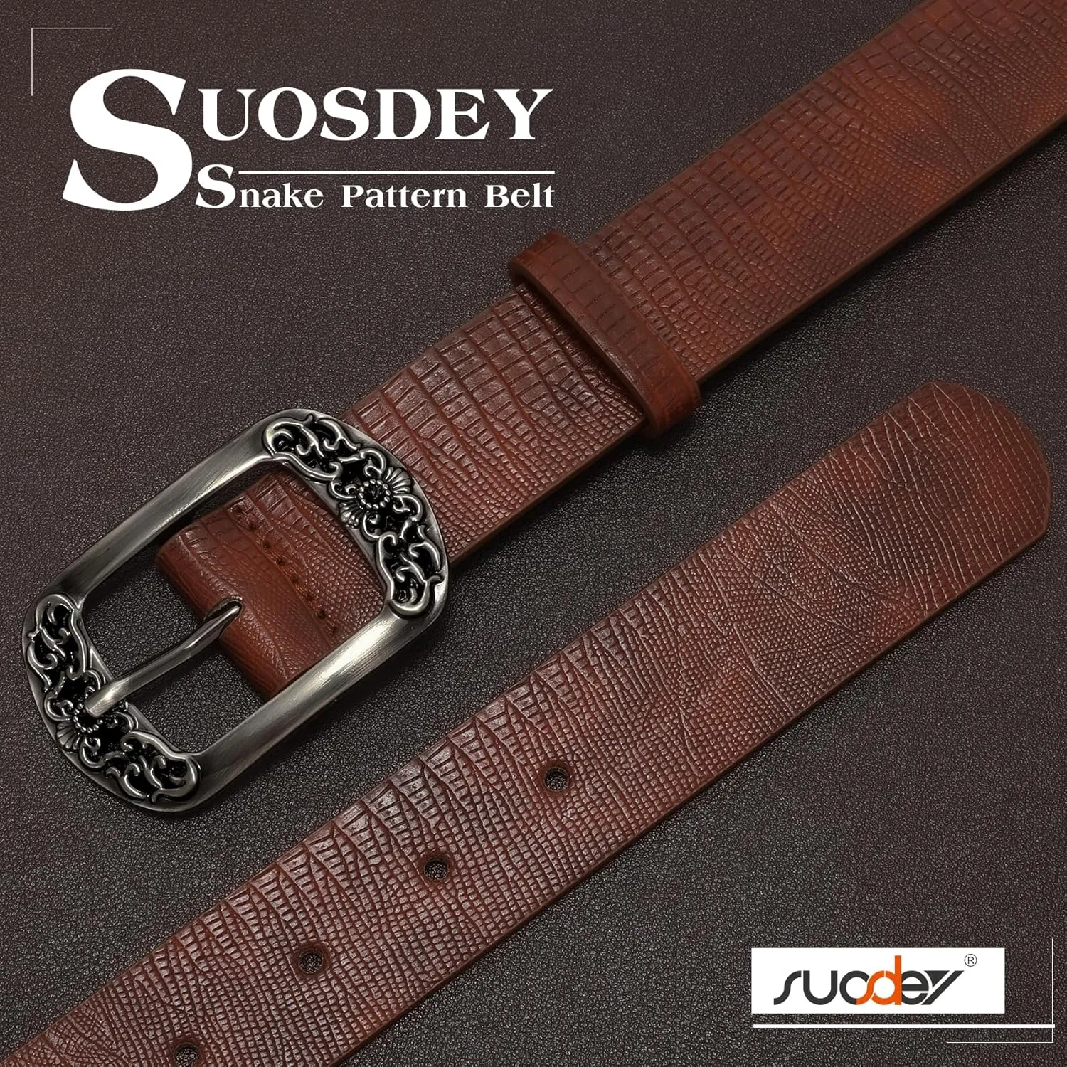 SUOSDEY Womens Leather Belts Western Vintage Women's Belt with Engraved Buckle Ladies Belt for Jeans Pants