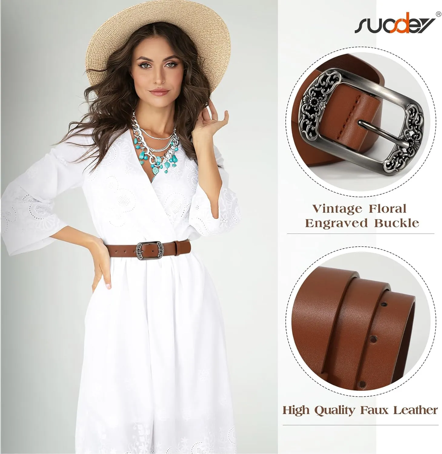 SUOSDEY Womens Leather Belts Western Vintage Women's Belt with Engraved Buckle Ladies Belt for Jeans Pants