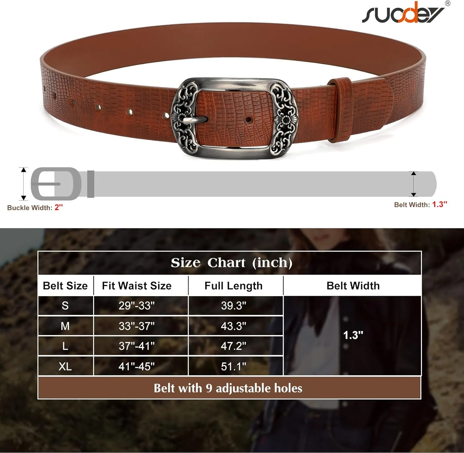 SUOSDEY Womens Leather Belts Western Vintage Women's Belt with Engraved Buckle Ladies Belt for Jeans Pants