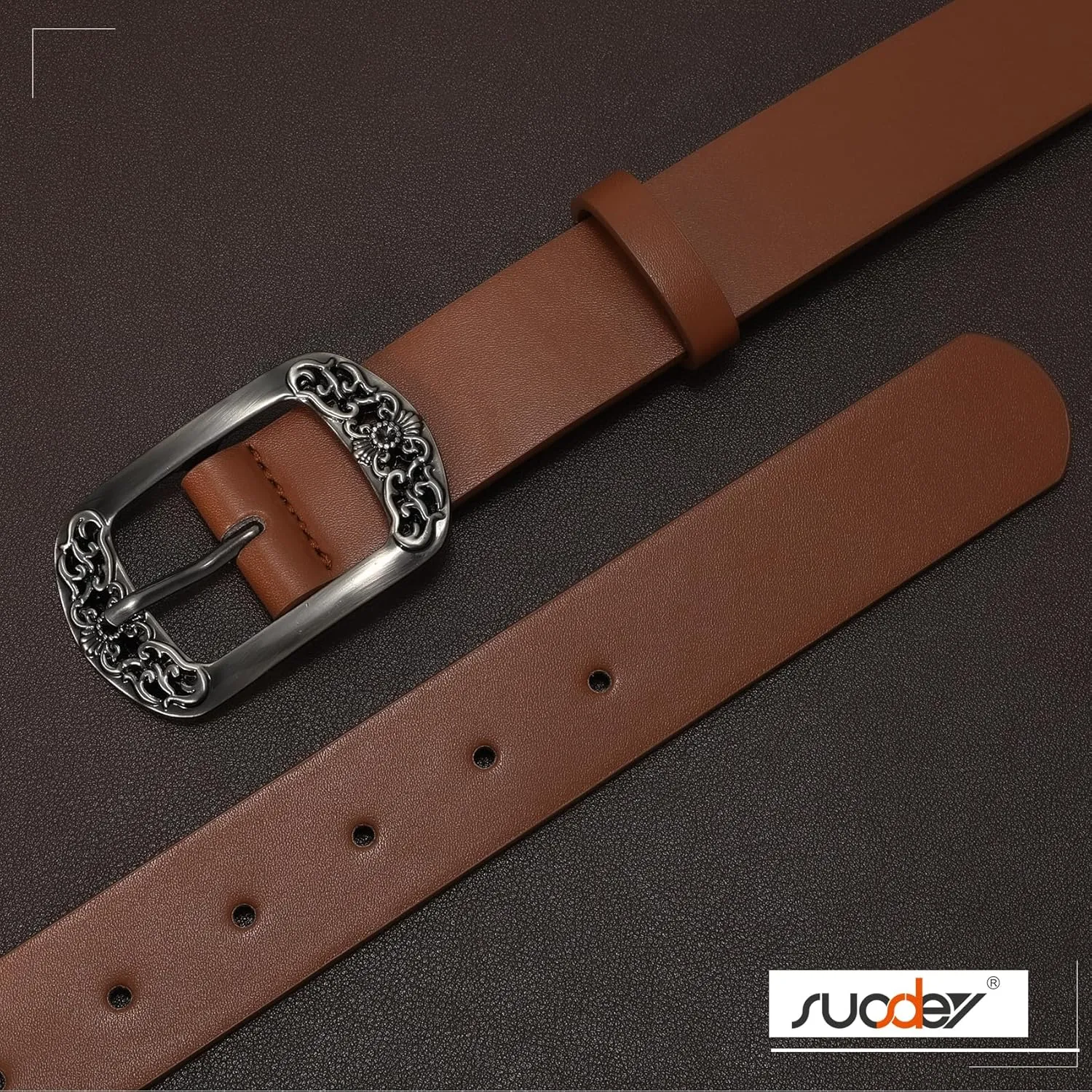 SUOSDEY Womens Leather Belts Western Vintage Women's Belt with Engraved Buckle Ladies Belt for Jeans Pants