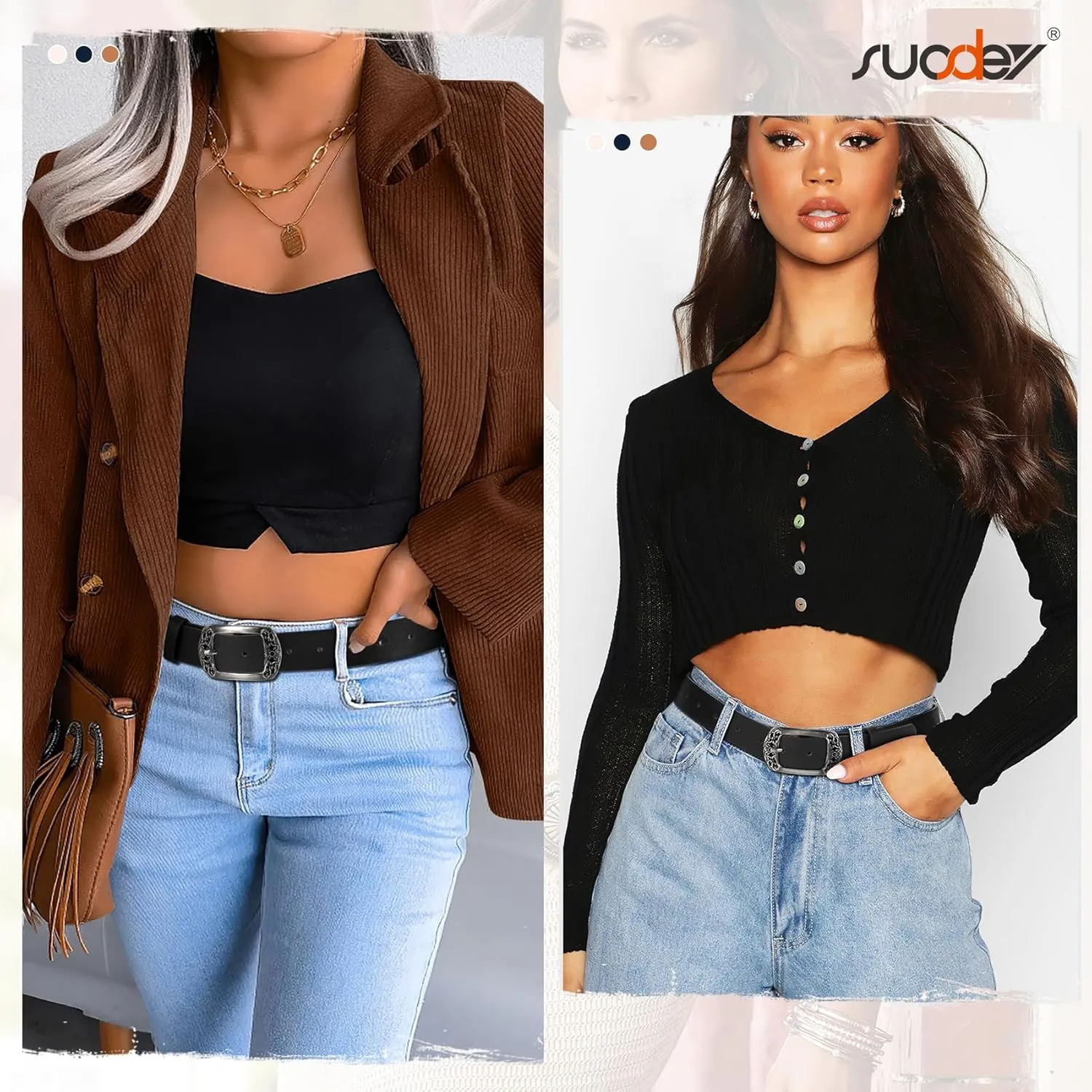 SUOSDEY Womens Leather Belts Western Vintage Women's Belt with Engraved Buckle Ladies Belt for Jeans Pants