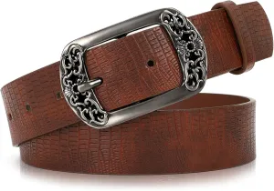 SUOSDEY Womens Leather Belts Western Vintage Women's Belt with Engraved Buckle Ladies Belt for Jeans Pants