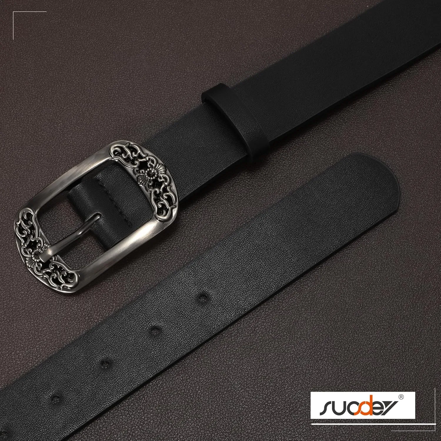 SUOSDEY Womens Leather Belts Western Vintage Women's Belt with Engraved Buckle Ladies Belt for Jeans Pants