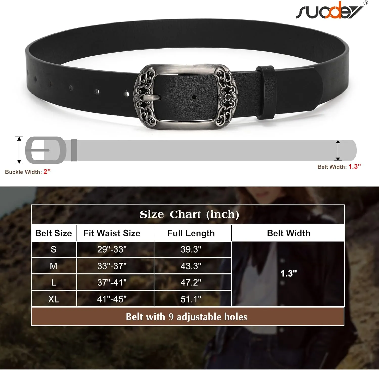 SUOSDEY Womens Leather Belts Western Vintage Women's Belt with Engraved Buckle Ladies Belt for Jeans Pants