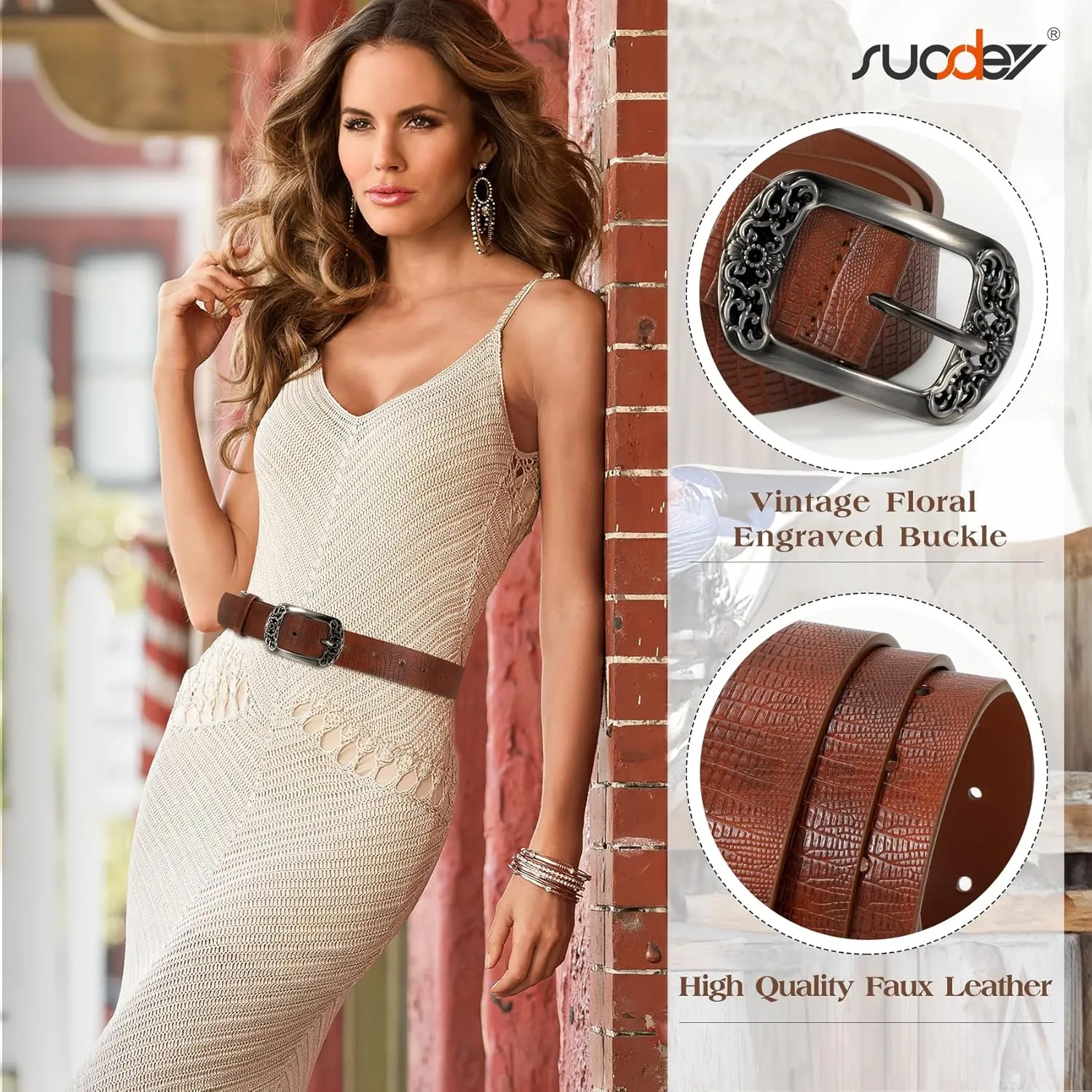 SUOSDEY Womens Leather Belts Western Vintage Women's Belt with Engraved Buckle Ladies Belt for Jeans Pants