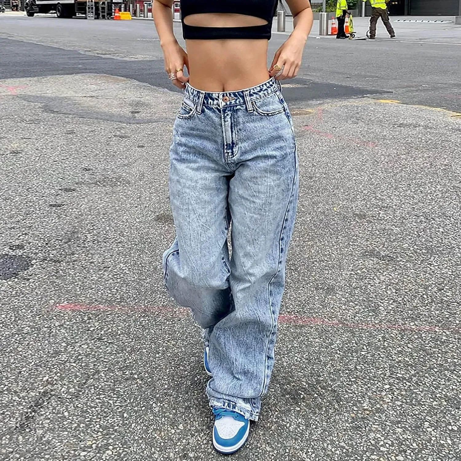 Sweatpants Jeans for Women Boyfriend Denim Pants High Waited Baggy Wide Leg Jeans Loose Fit Denim Pants with Pocket