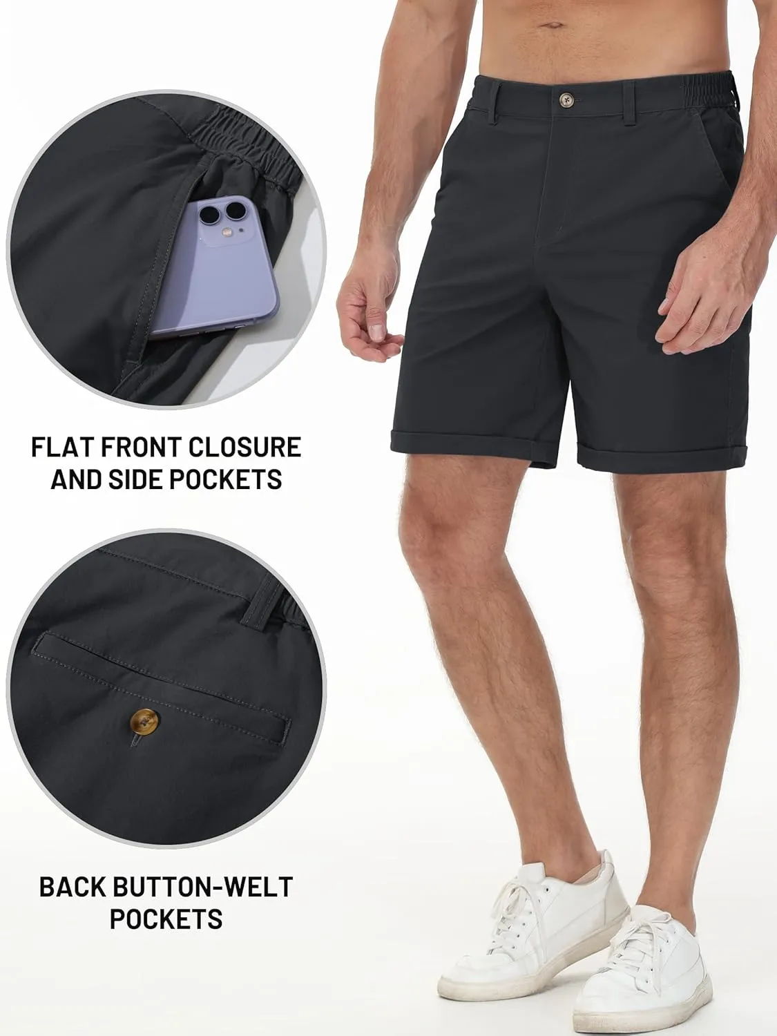 TACVASEN Mens Casual Shorts Classic Fit 7 Stretch Twill Flat Front Chino Shorts with Pockets