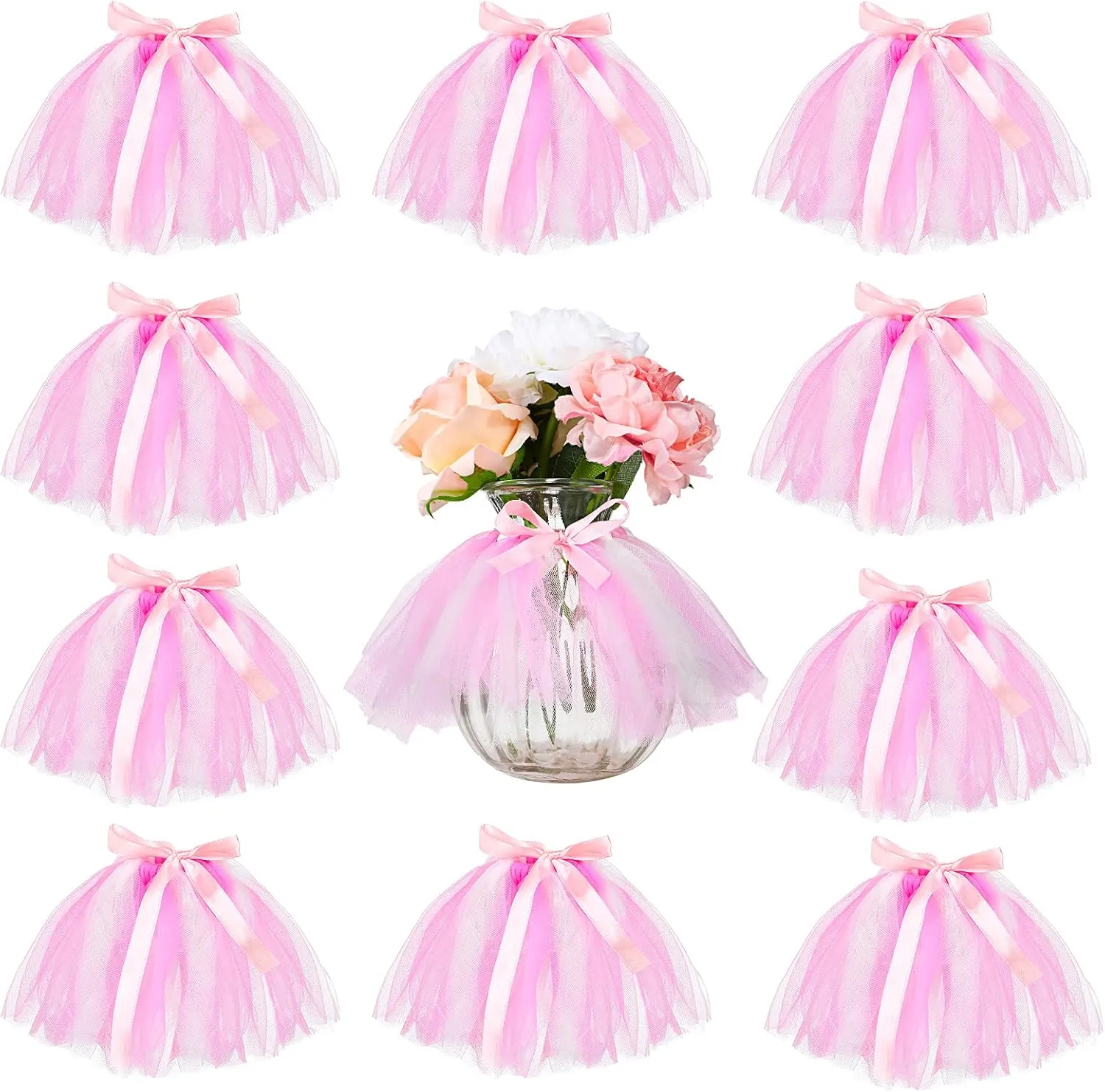 Tatuo 12 Pieces Mini Tutu Table Skirt Wine Bottle Cover Tutu Skirt Tulle Vase Skirt Decor Garland Centerpieces for Wedding Baby Shower Cake Dessert Birthday Party(Pink and White)