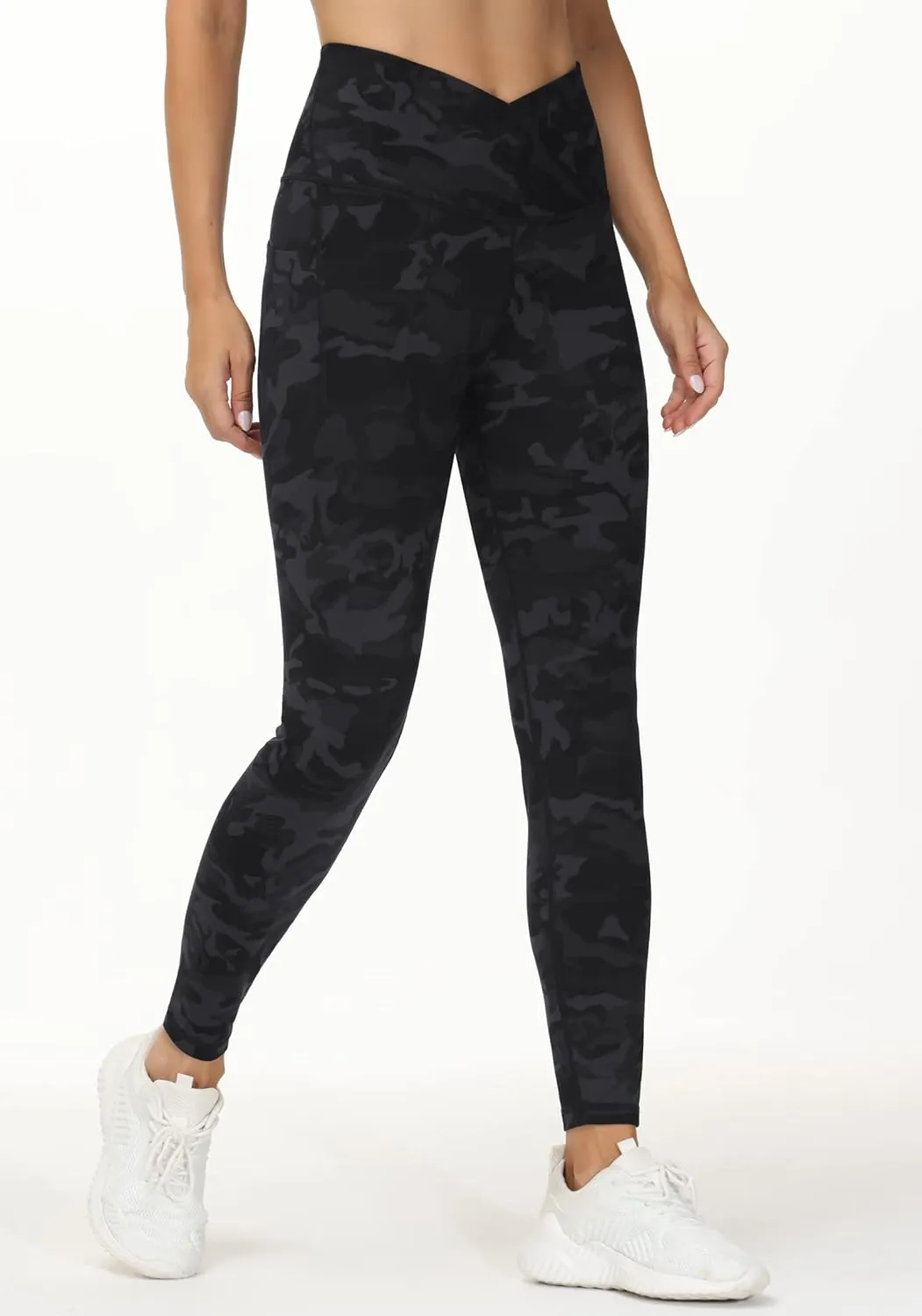 THE GYM PEOPLE Women's V Cross Waist Workout Leggings Tummy Control Running Yoga Pants with Pockets