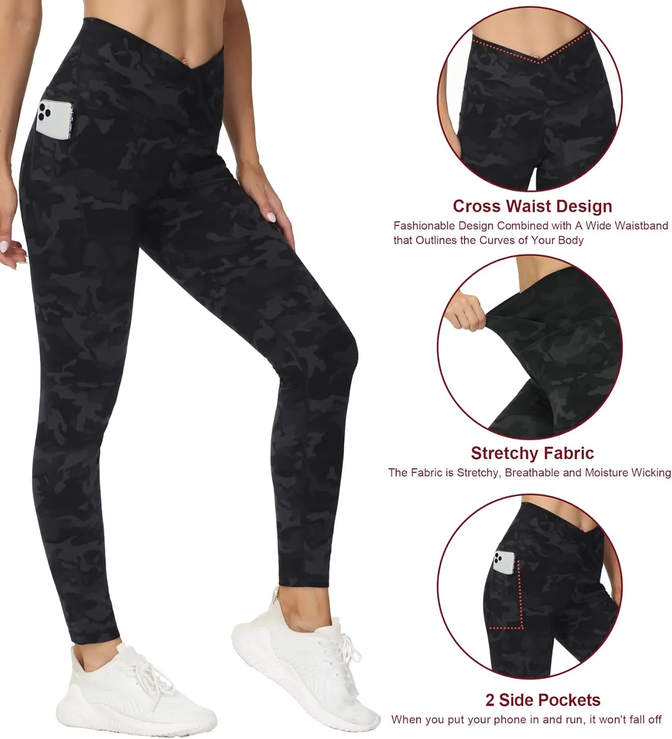 THE GYM PEOPLE Women's V Cross Waist Workout Leggings Tummy Control Running Yoga Pants with Pockets