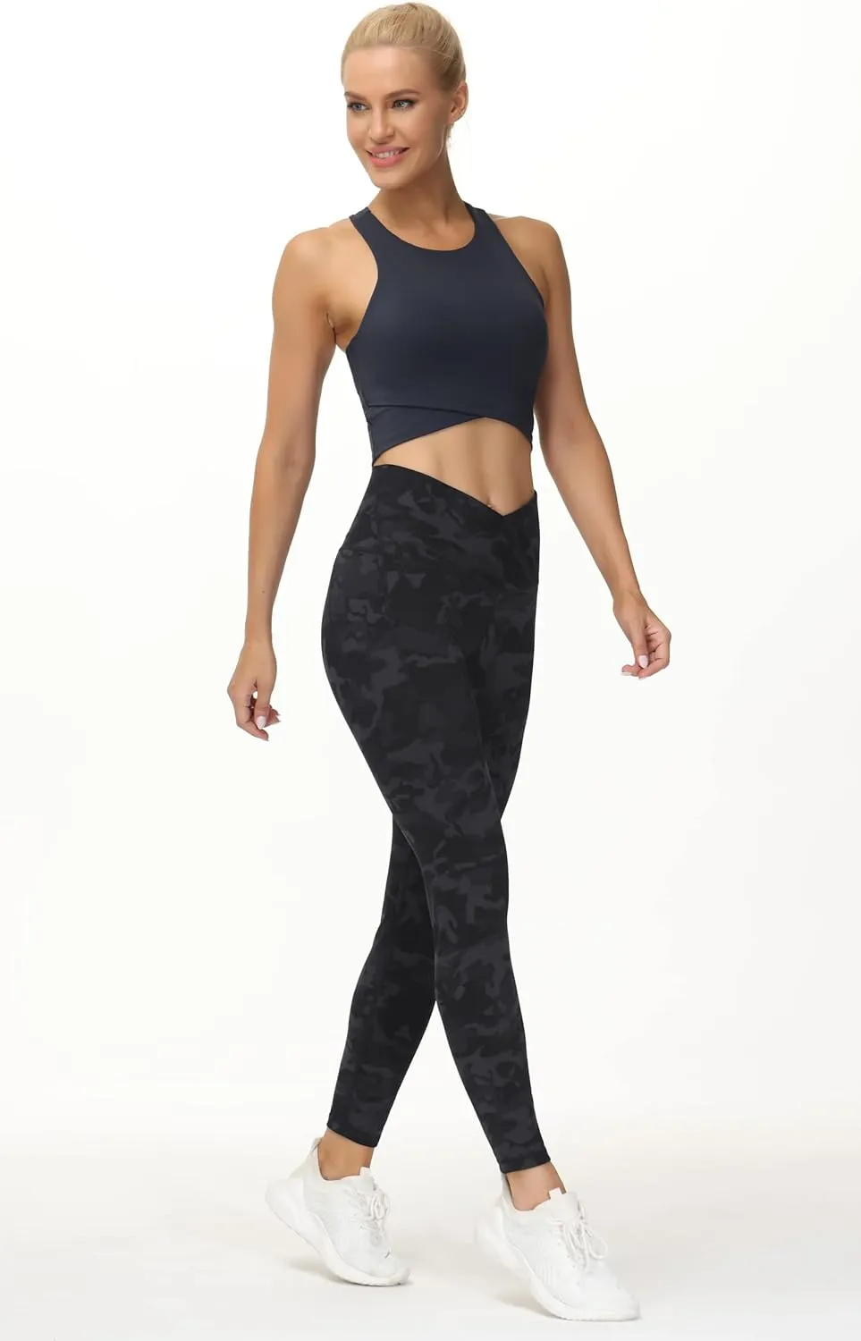 THE GYM PEOPLE Women's V Cross Waist Workout Leggings Tummy Control Running Yoga Pants with Pockets
