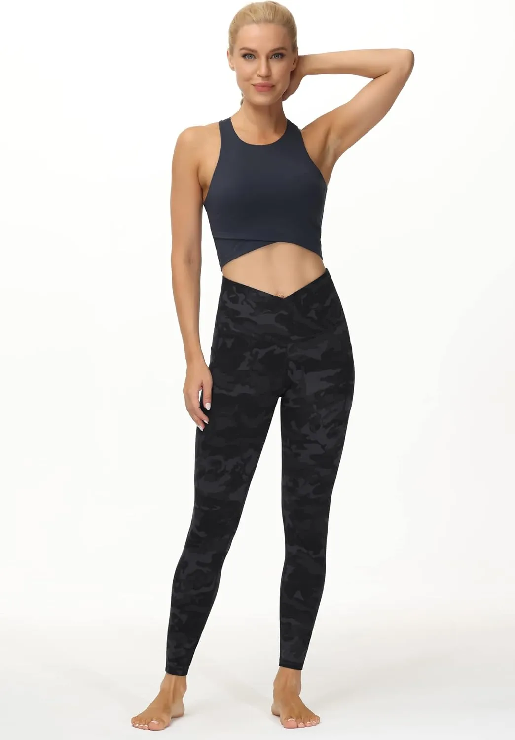 THE GYM PEOPLE Women's V Cross Waist Workout Leggings Tummy Control Running Yoga Pants with Pockets