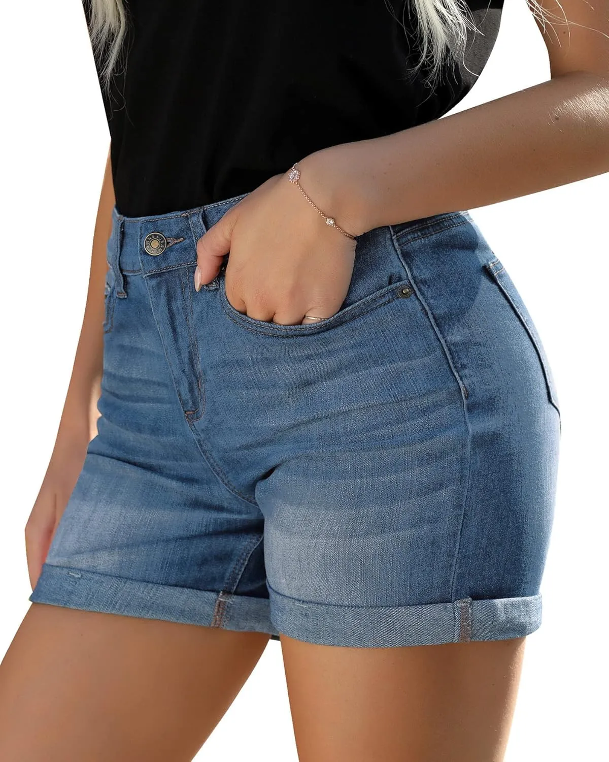 Utyful Women's Casual High Waisted Distressed Shorts Folded Hem Stretch Jean Denim Shorts