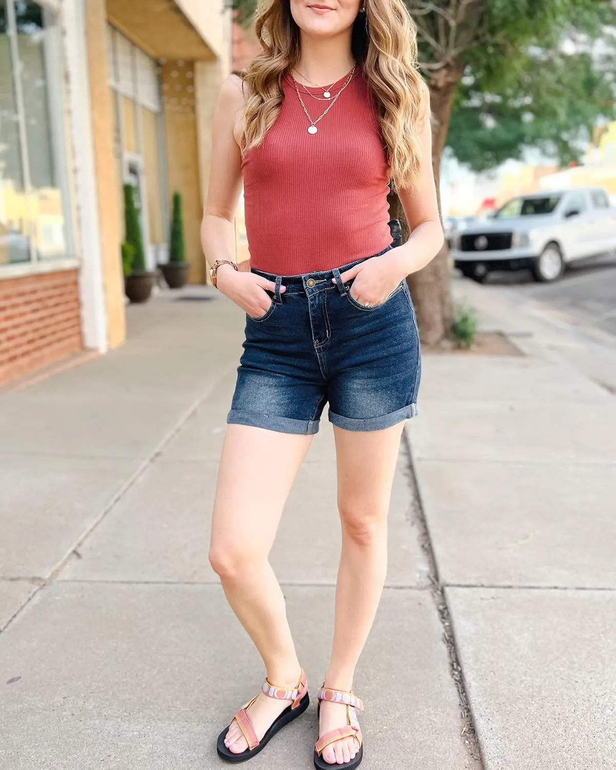 Utyful Women's Casual High Waisted Distressed Shorts Folded Hem Stretch Jean Denim Shorts