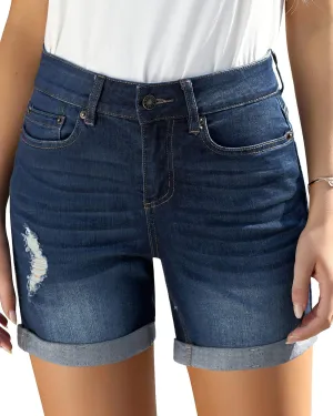 Utyful Women's Casual High Waisted Distressed Shorts Folded Hem Stretch Jean Denim Shorts