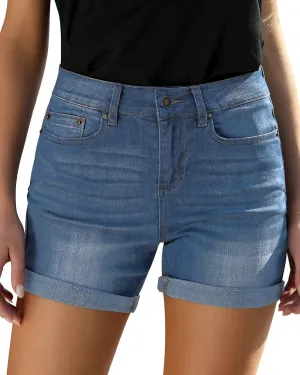 Utyful Women's Casual High Waisted Distressed Shorts Folded Hem Stretch Jean Denim Shorts