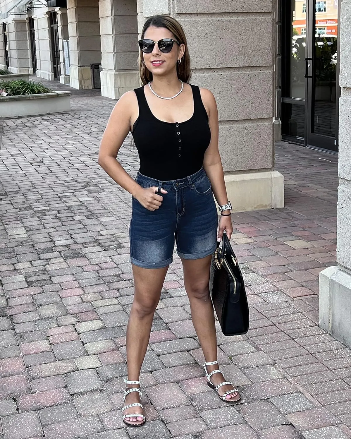 Utyful Women's Casual High Waisted Distressed Shorts Folded Hem Stretch Jean Denim Shorts