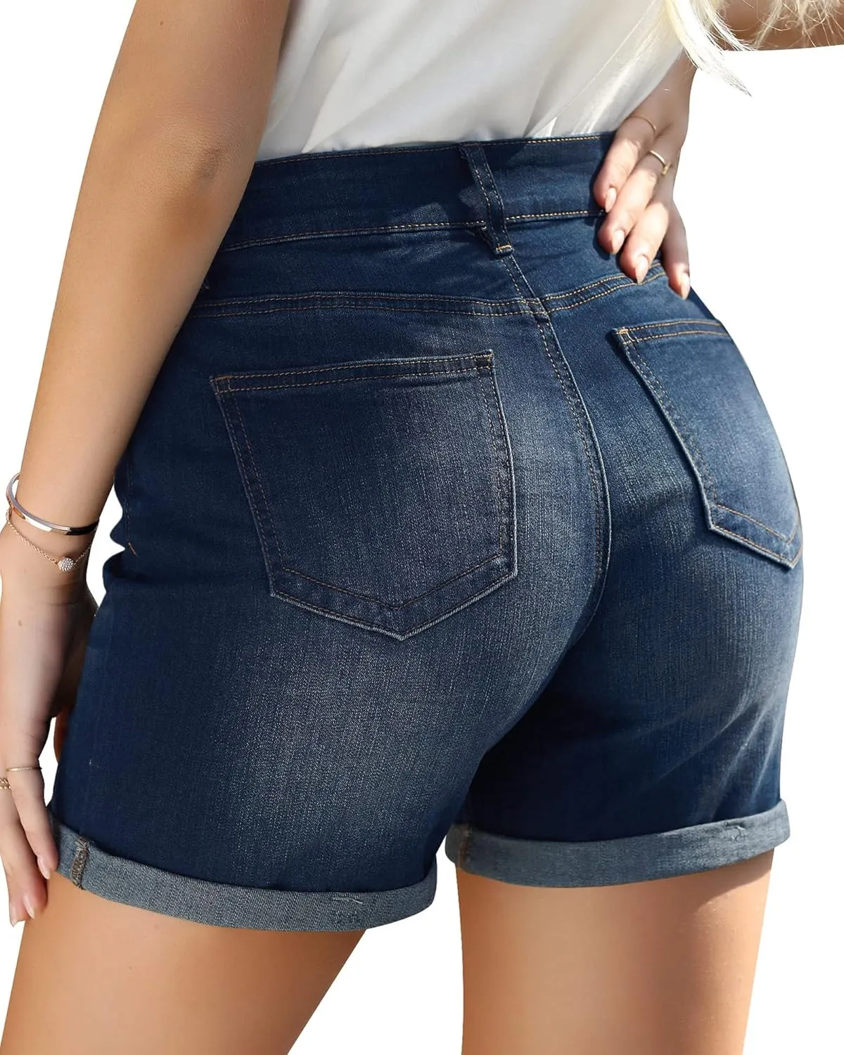 Utyful Women's Casual High Waisted Distressed Shorts Folded Hem Stretch Jean Denim Shorts