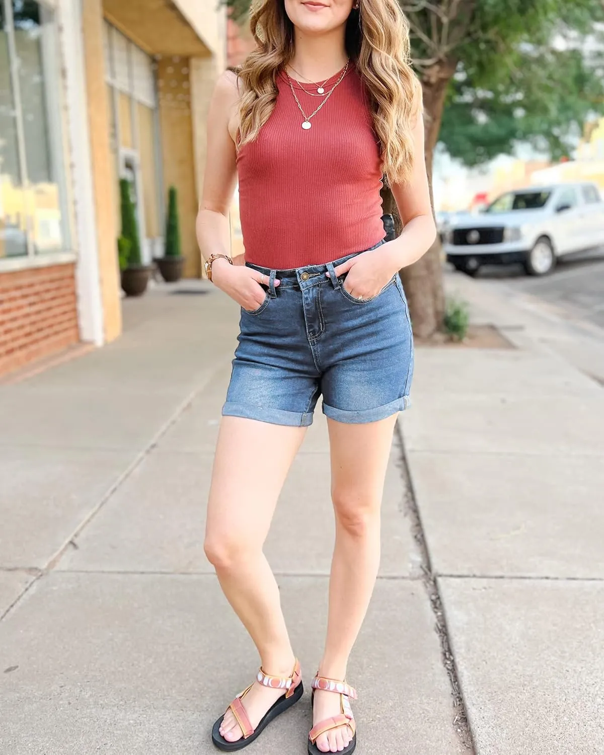 Utyful Women's Casual High Waisted Distressed Shorts Folded Hem Stretch Jean Denim Shorts