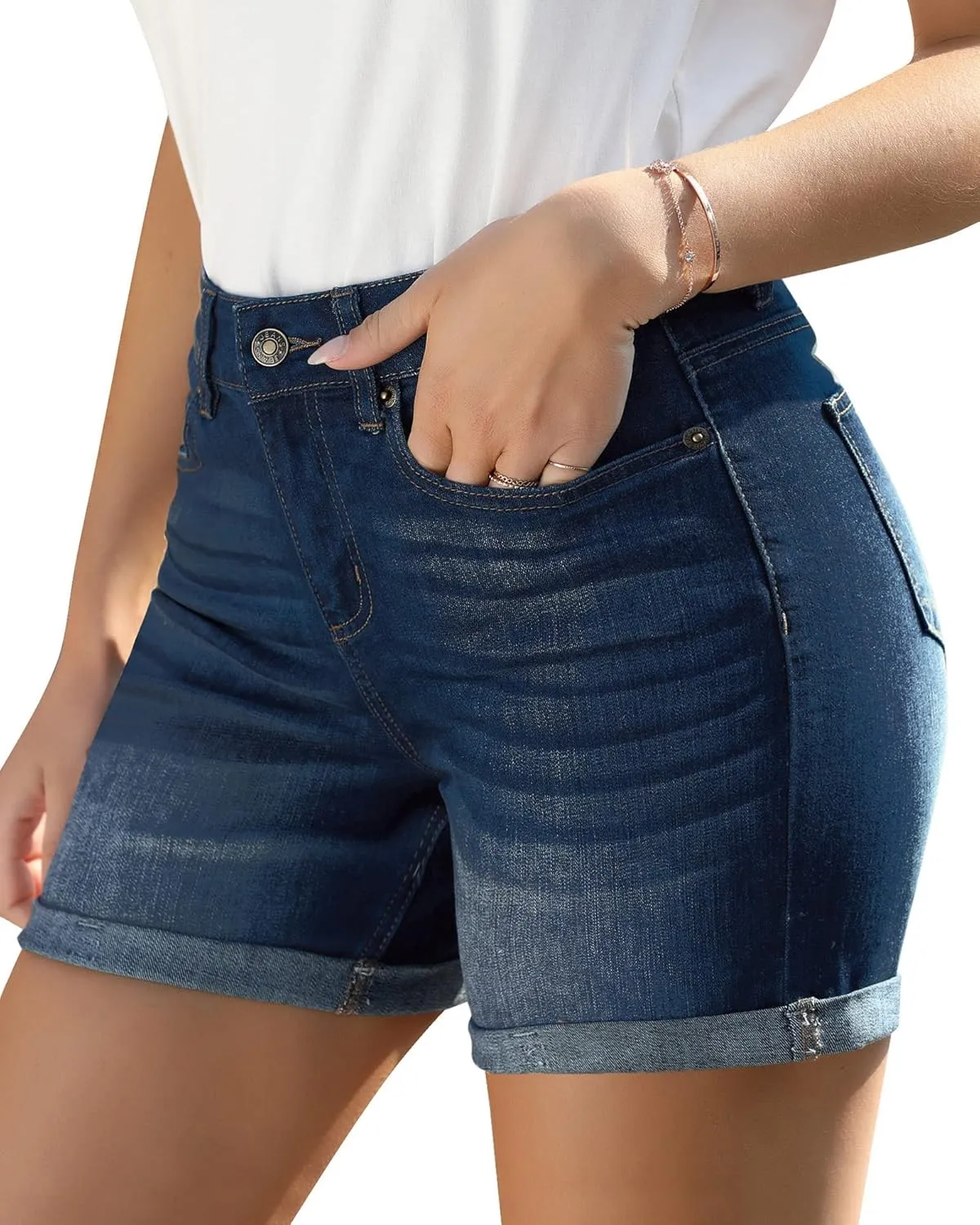 Utyful Women's Casual High Waisted Distressed Shorts Folded Hem Stretch Jean Denim Shorts