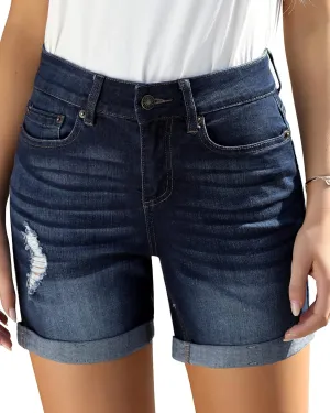Utyful Women's Casual High Waisted Distressed Shorts Folded Hem Stretch Jean Denim Shorts