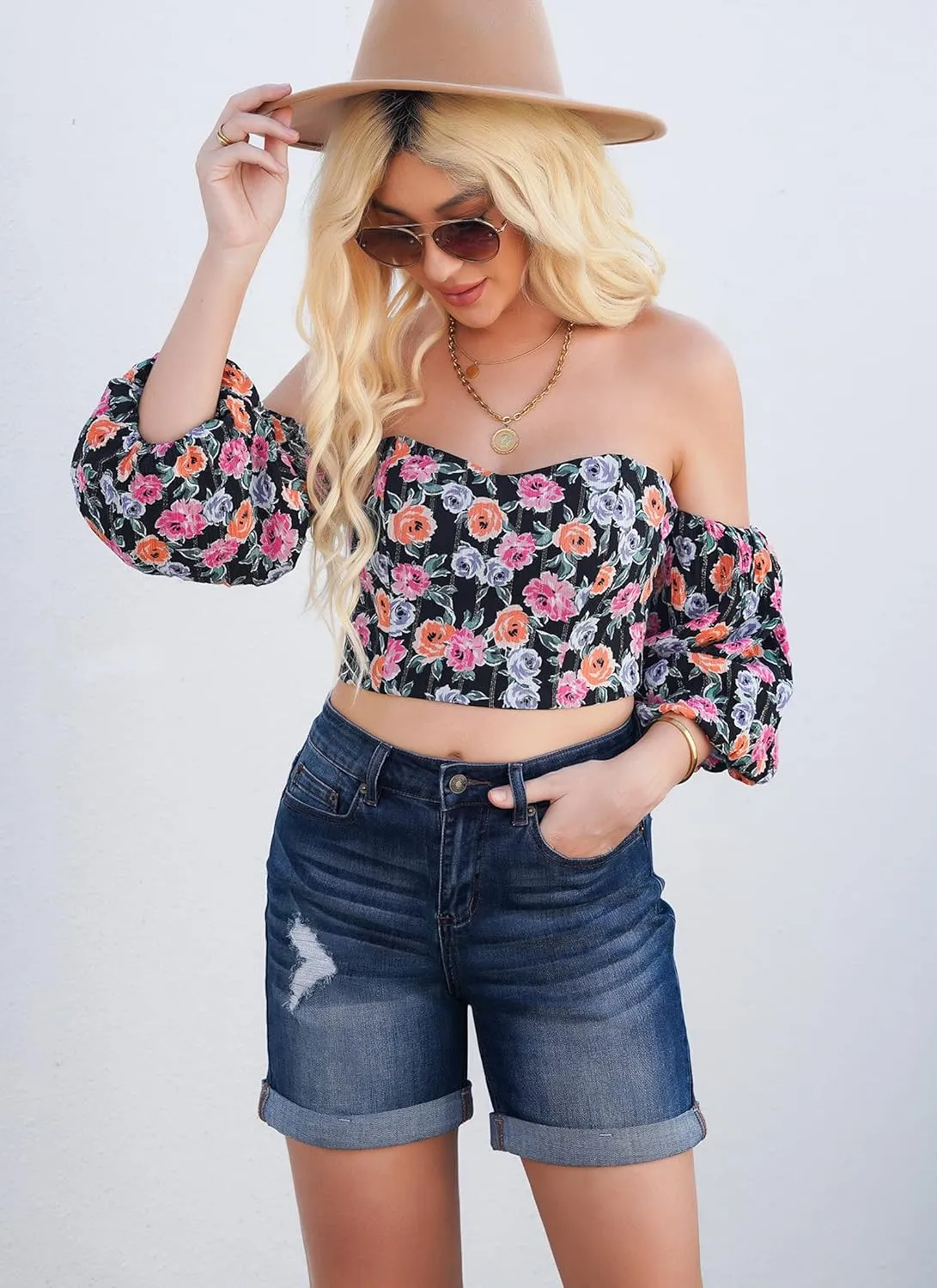 Utyful Women's Casual High Waisted Distressed Shorts Folded Hem Stretch Jean Denim Shorts