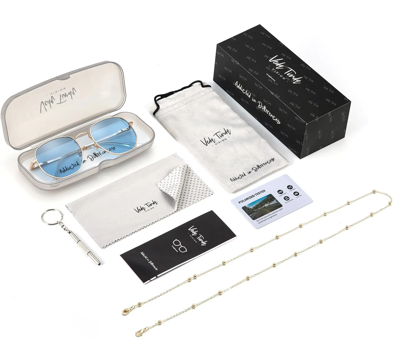 Veda Tinda Vision Sunglasses for Women Trendy Retro 70s 90s Womens Oval and Square Shades UV400 Protection with Glasses Chain