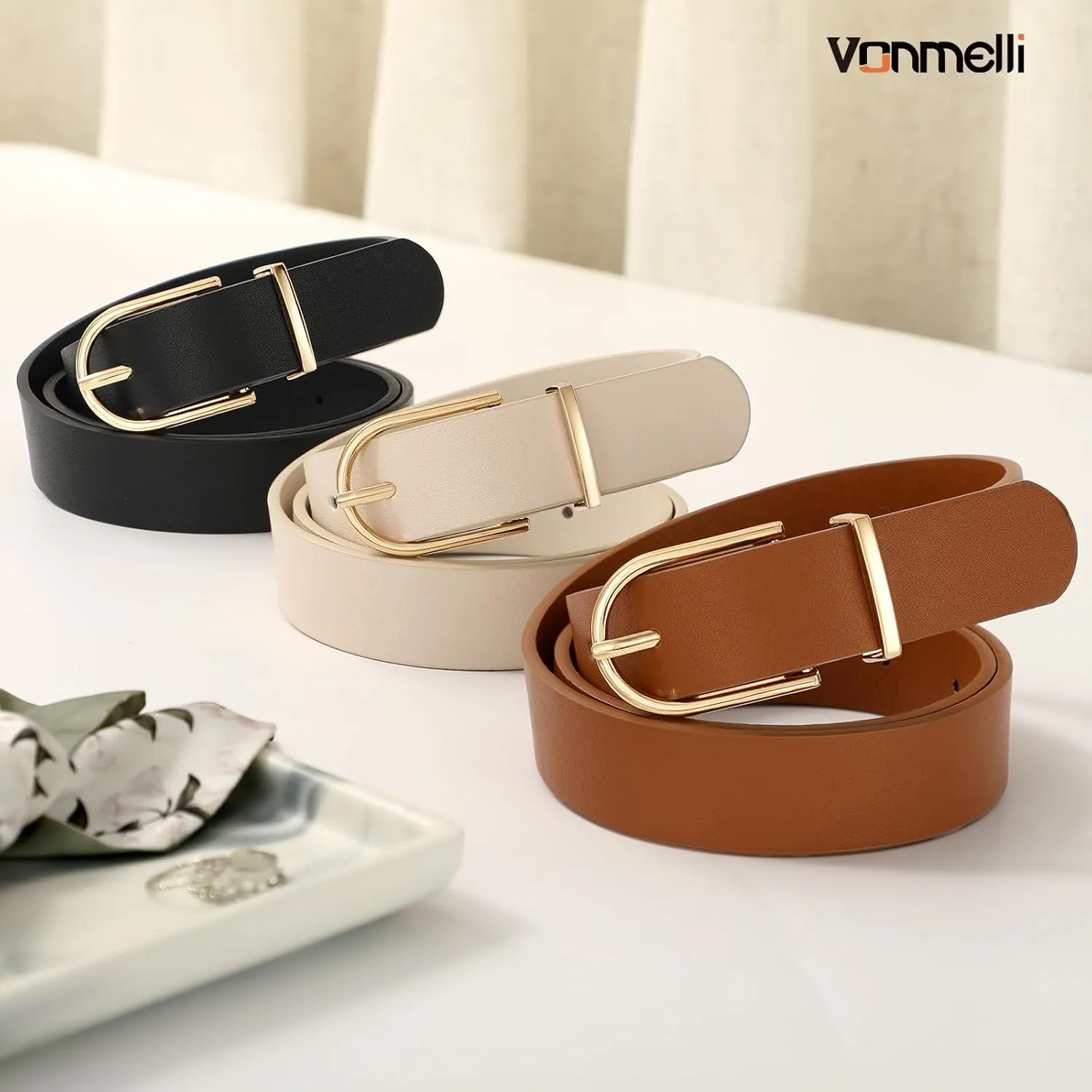 VONMELLI 3 Pack Women's Belts for Jeans Pants Fashion Gold Buckle Ladies Dress Belt