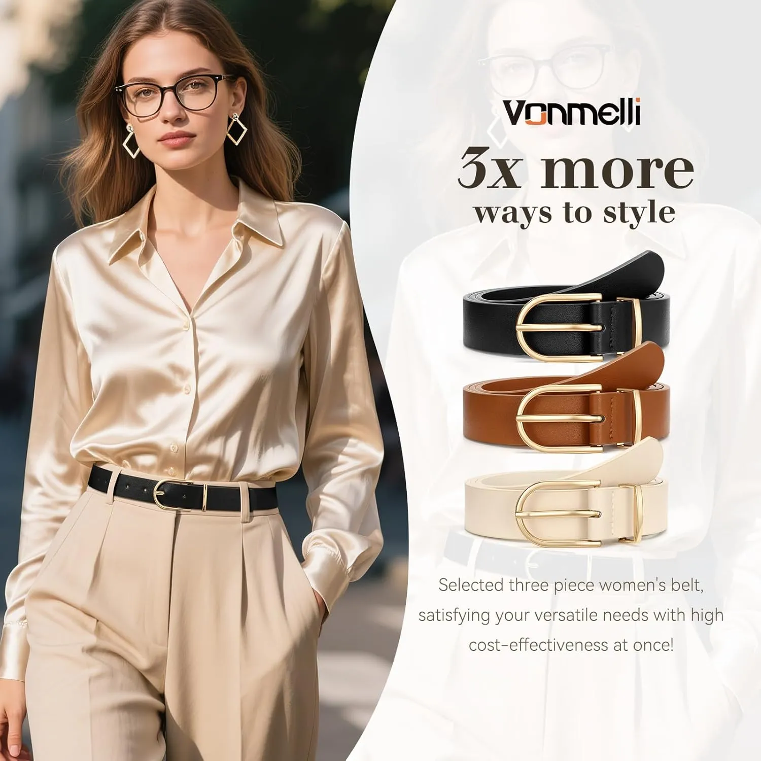VONMELLI 3 Pack Women's Belts for Jeans Pants Fashion Gold Buckle Ladies Dress Belt