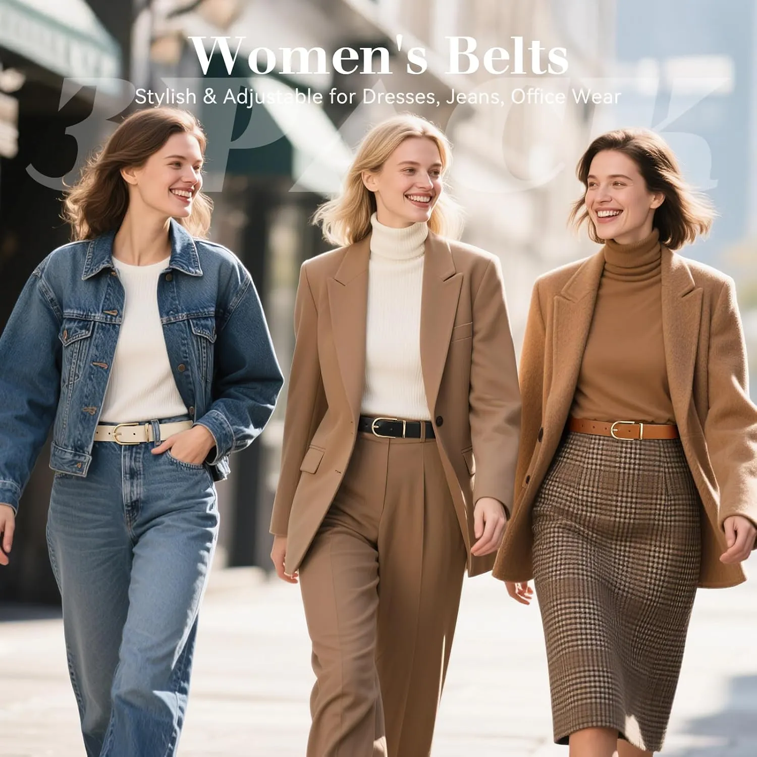 VONMELLI 3 Pack Women's Belts for Jeans Pants Fashion Gold Buckle Ladies Dress Belt
