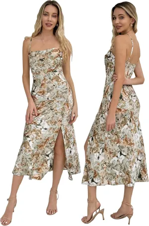 Wedding Guest Dress for Women Spaghetti Strap Satin Slip Cocktail Formal Midi Evening Party Dresses