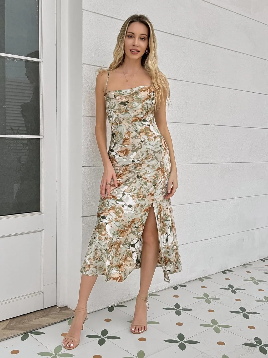 Wedding Guest Dress for Women Spaghetti Strap Satin Slip Cocktail Formal Midi Evening Party Dresses