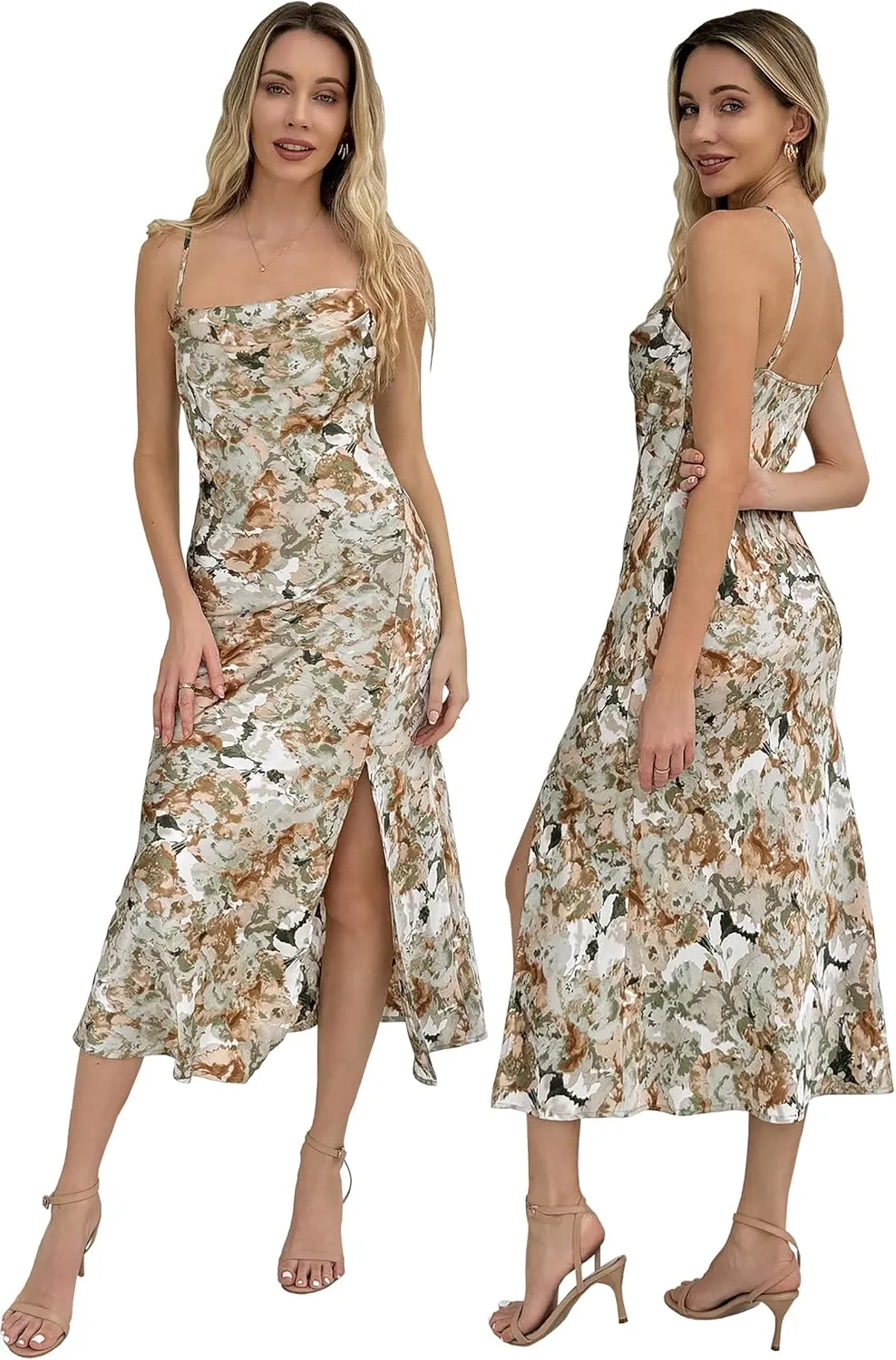 Wedding Guest Dress for Women Spaghetti Strap Satin Slip Cocktail Formal Midi Evening Party Dresses