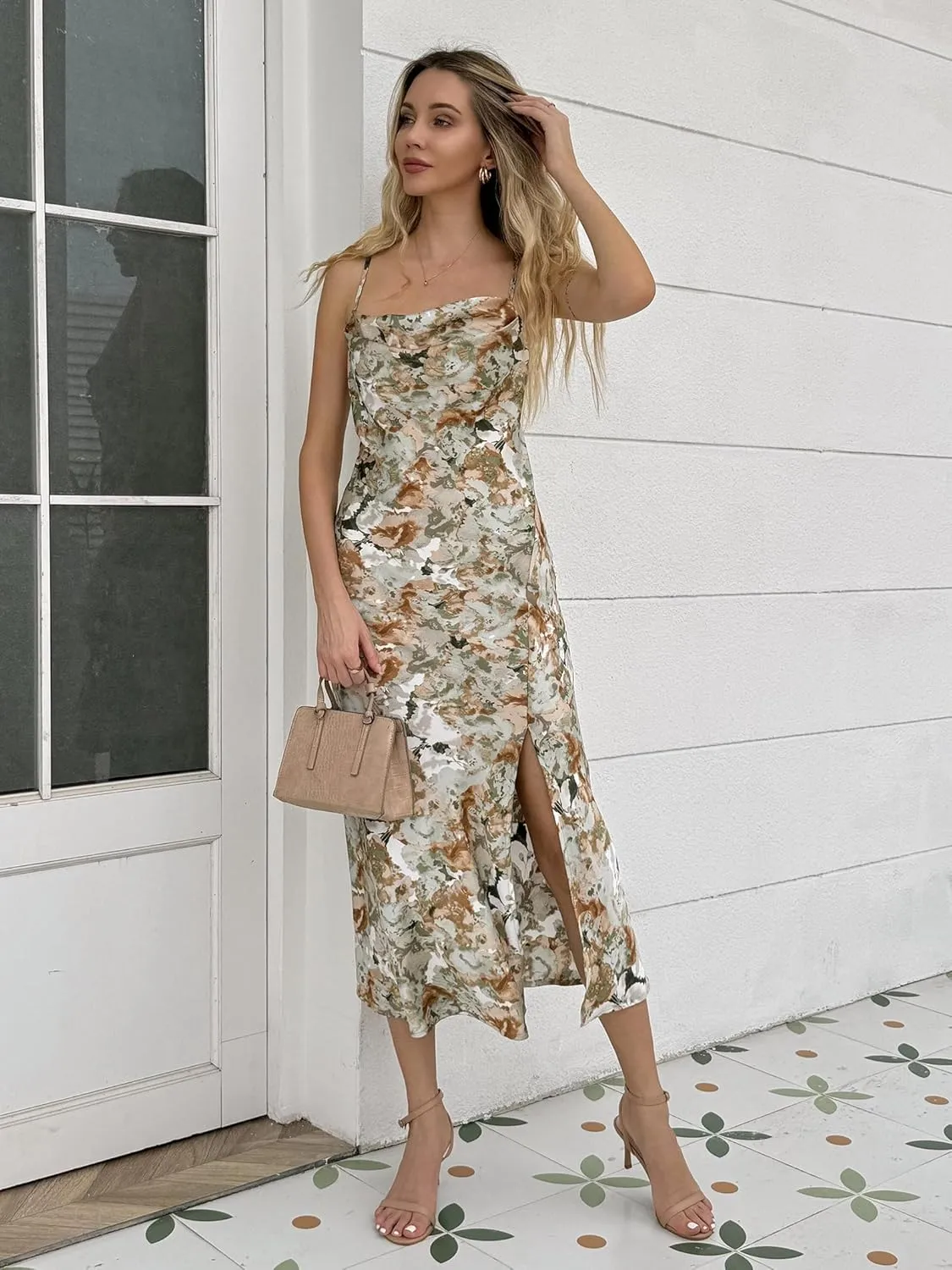 Wedding Guest Dress for Women Spaghetti Strap Satin Slip Cocktail Formal Midi Evening Party Dresses