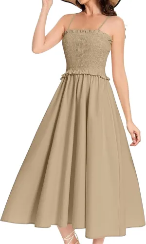 Wedding Guest Dress for Women Summer Maxi Dress Spaghetti Strap High Waist Dresses A Line Smocked Beach Dresses
