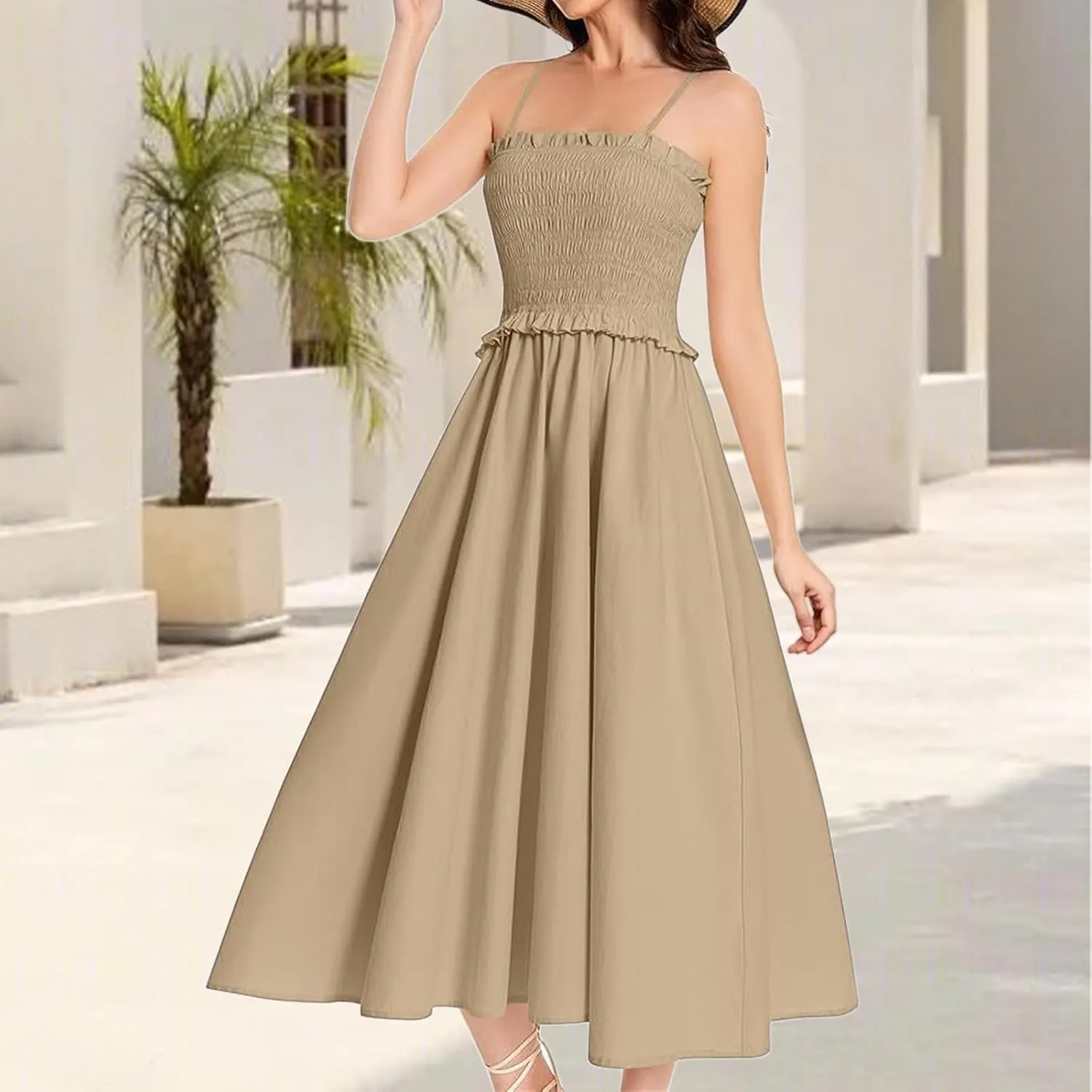 Wedding Guest Dress for Women Summer Maxi Dress Spaghetti Strap High Waist Dresses A Line Smocked Beach Dresses