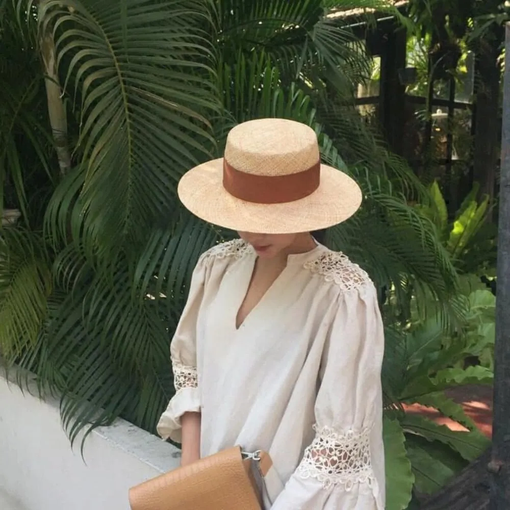 Wide Brim Boater Sun Hat Women Woven Raffia Hat Trimmed with Ribbon UPF 50  Sun Protection Summer Vacation Beach Straw Hat