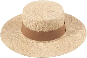 Wide Brim Boater Sun Hat Women Woven Raffia Hat Trimmed with Ribbon UPF 50  Sun Protection Summer Vacation Beach Straw Hat