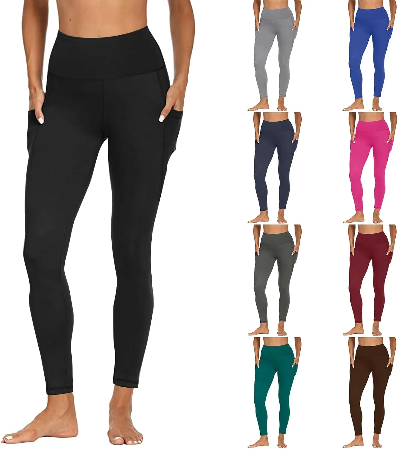 Wkishenl Women's High Waist Yoga Pants with Pockets, Tummy Control Workout Running Leggings Comfy Soft Solid Color Yoga Pants