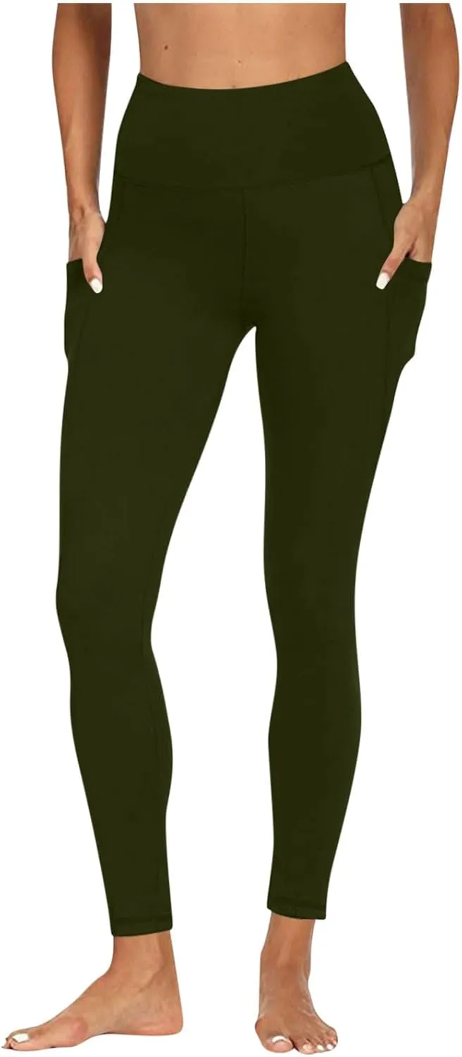 Wkishenl Women's High Waist Yoga Pants with Pockets, Tummy Control Workout Running Leggings Comfy Soft Solid Color Yoga Pants