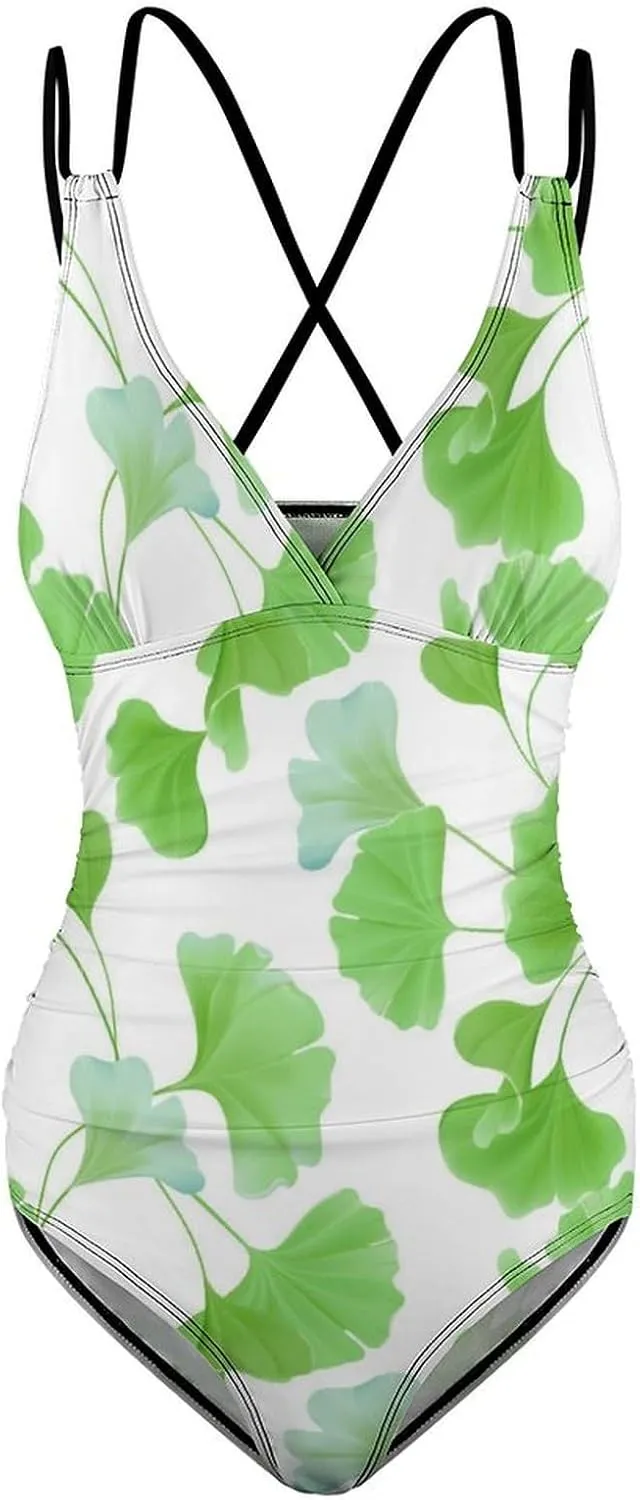 Women 1 Piece Swimsuits Halterneck Tummy Control Ginkgo Leaf Simple Full Coverage Bathing Suits