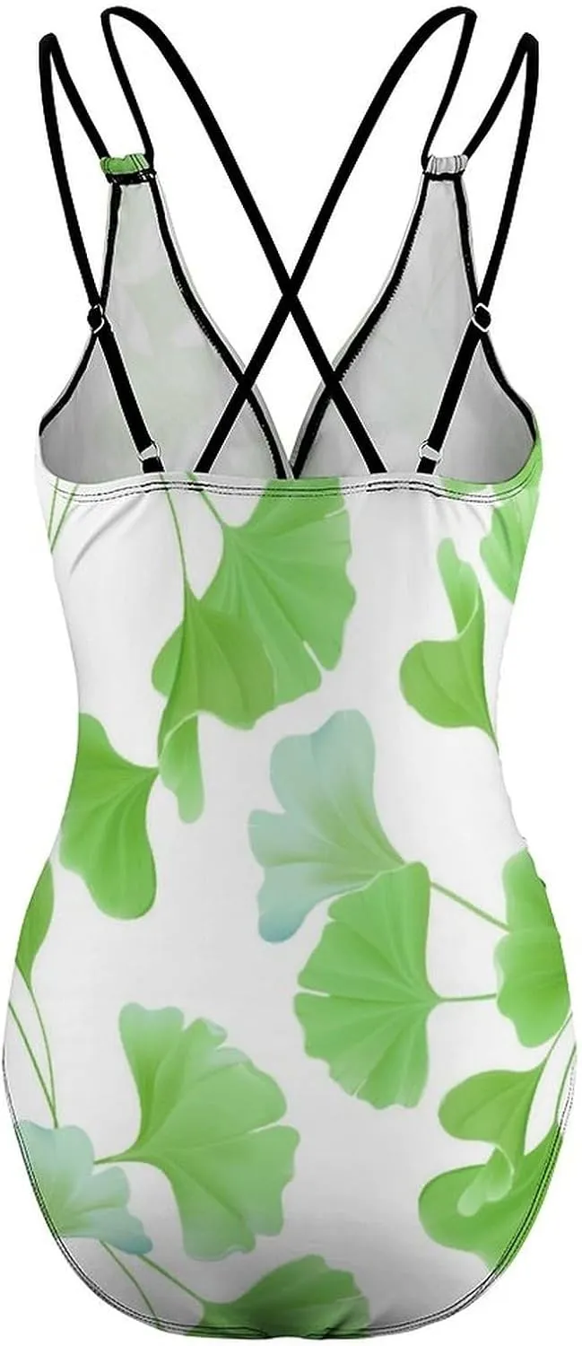 Women 1 Piece Swimsuits Halterneck Tummy Control Ginkgo Leaf Simple Full Coverage Bathing Suits