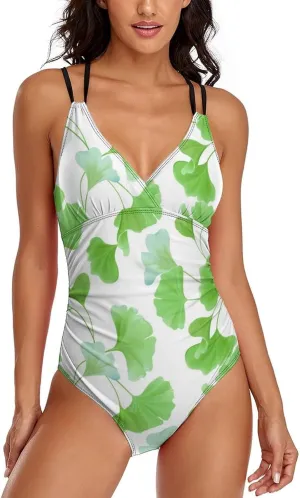 Women 1 Piece Swimsuits Halterneck Tummy Control Ginkgo Leaf Simple Full Coverage Bathing Suits