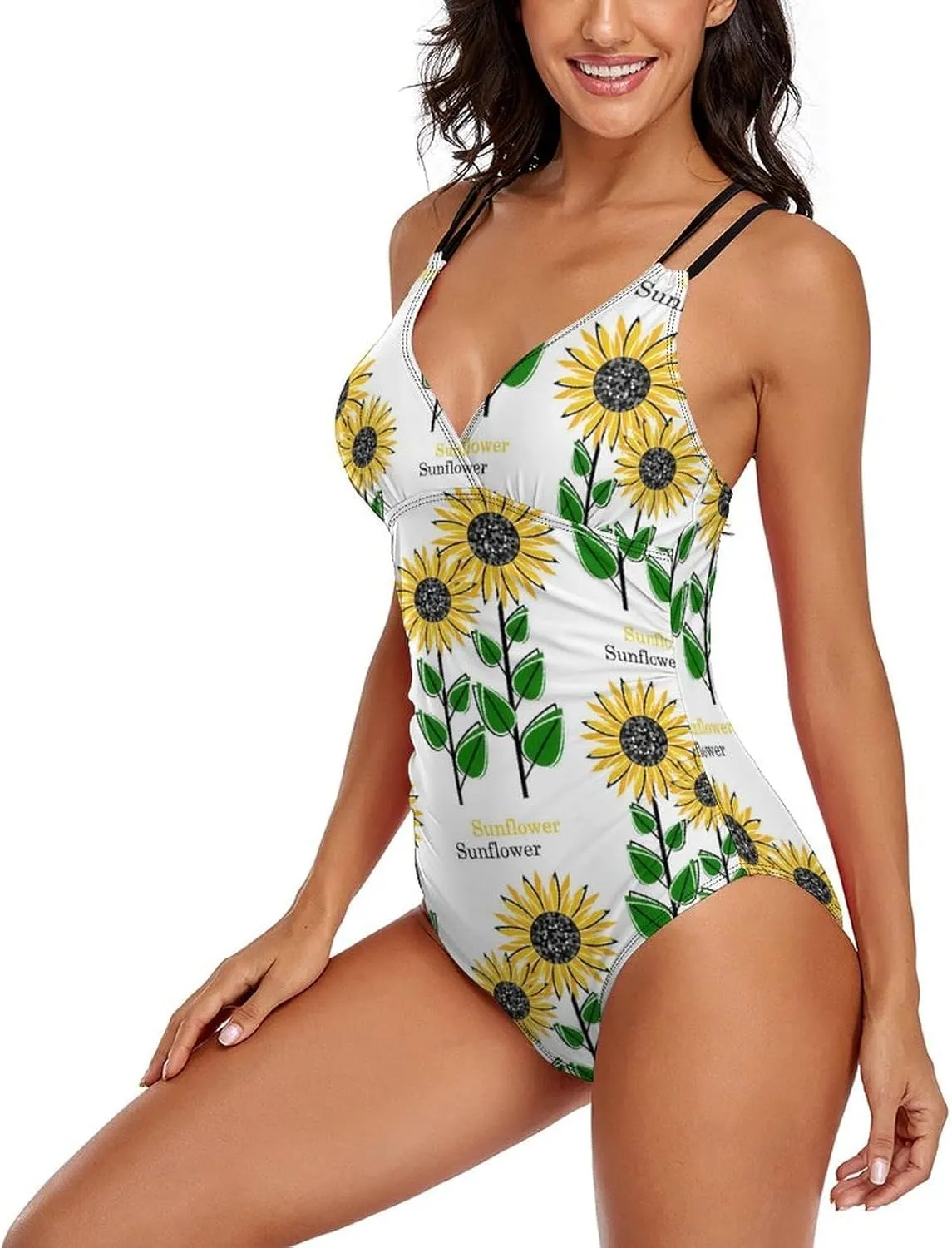 Women 1 Piece Swimwear Strappy Tummy Control Sunflowers Stylish Full Coverage Swimwears