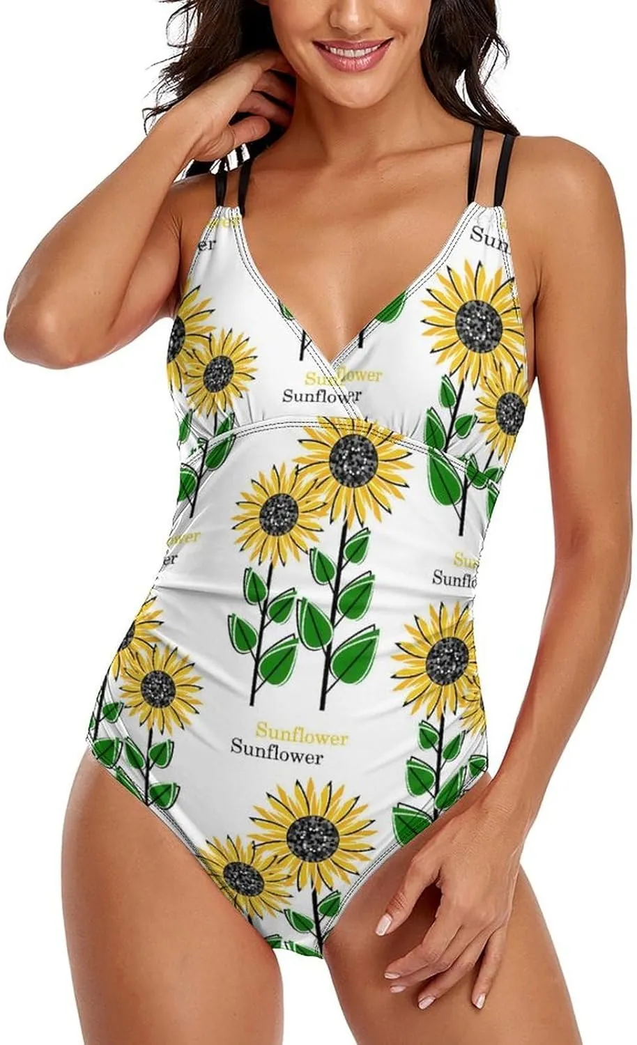 Women 1 Piece Swimwear Strappy Tummy Control Sunflowers Stylish Full Coverage Swimwears