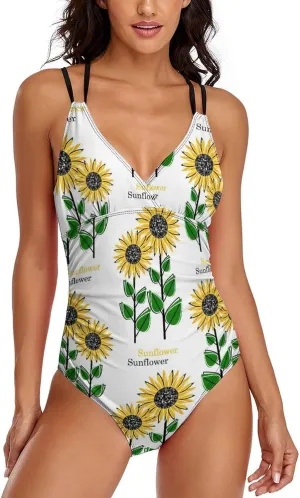 Women 1 Piece Swimwear Strappy Tummy Control Sunflowers Stylish Full Coverage Swimwears