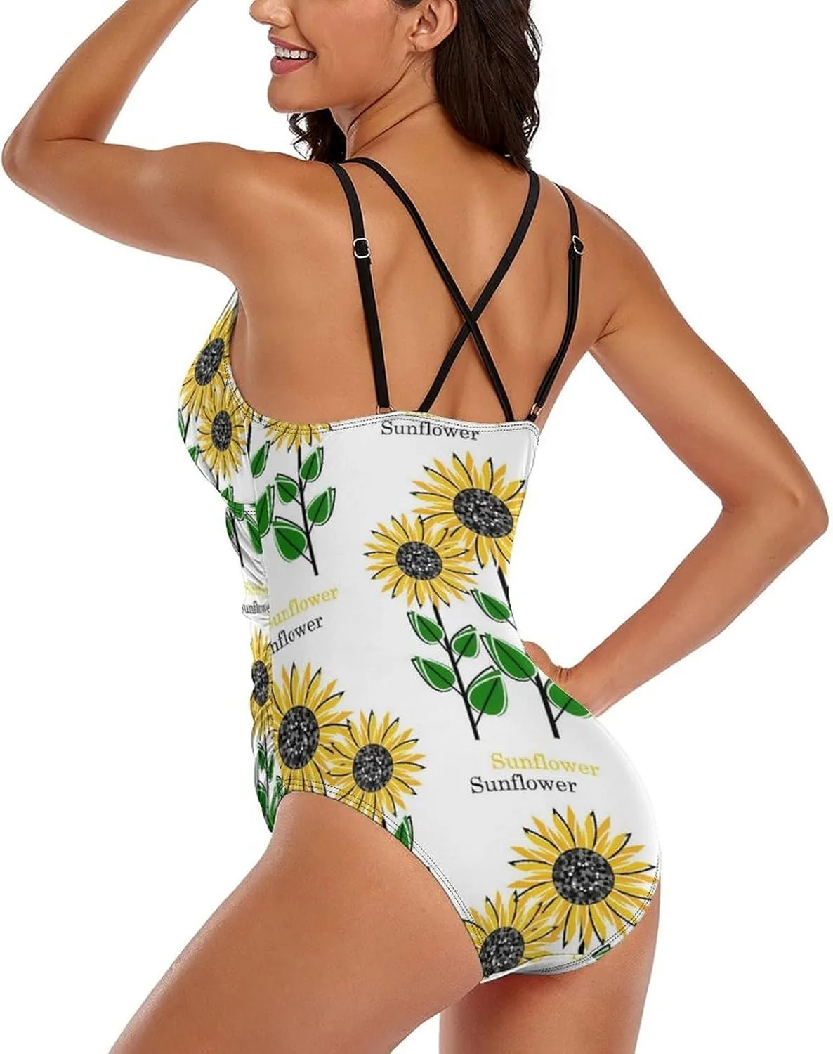 Women 1 Piece Swimwear Strappy Tummy Control Sunflowers Stylish Full Coverage Swimwears